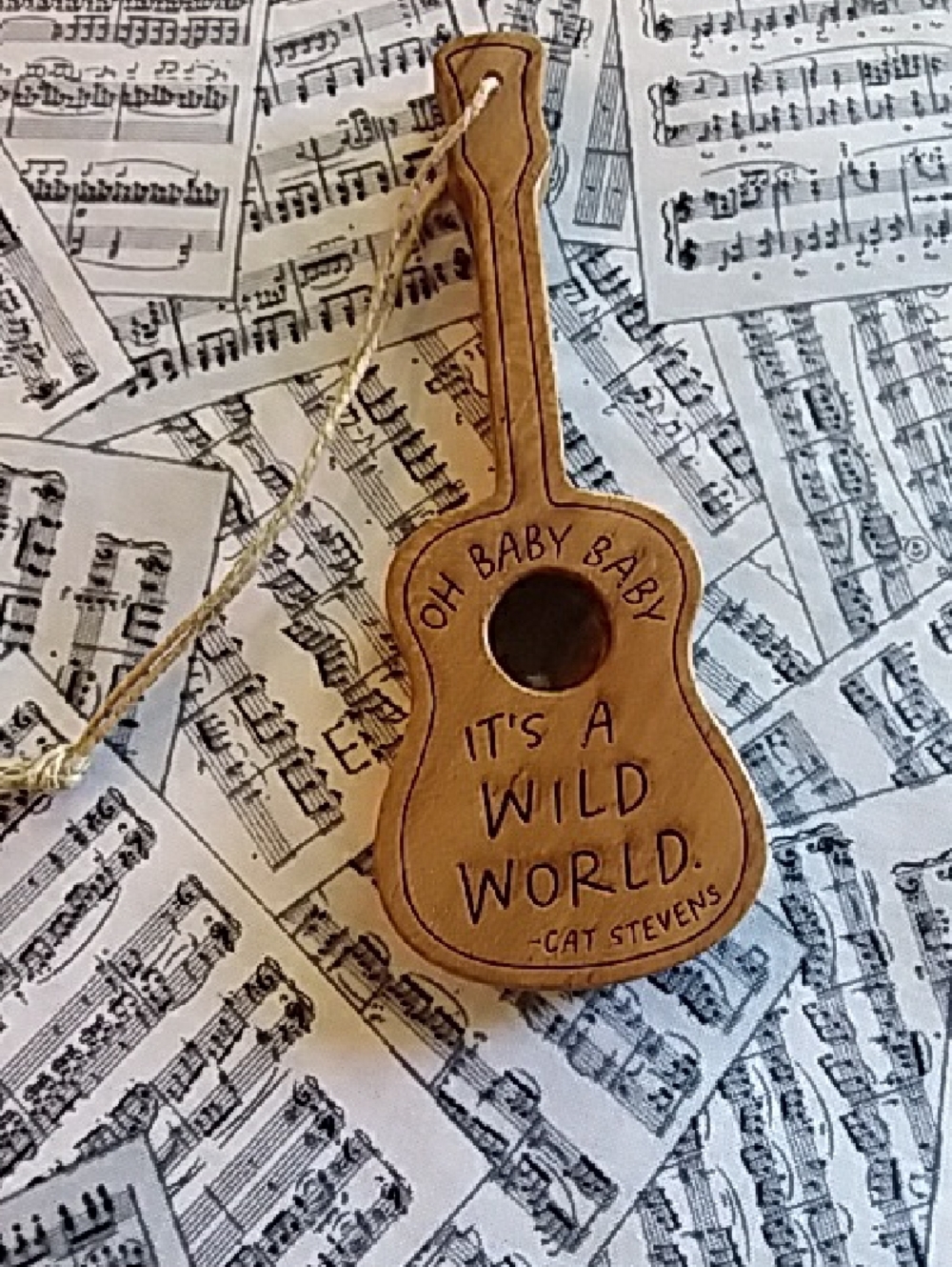 SugarBoo Wooden Guitar Ornament - "It's a Wild World"